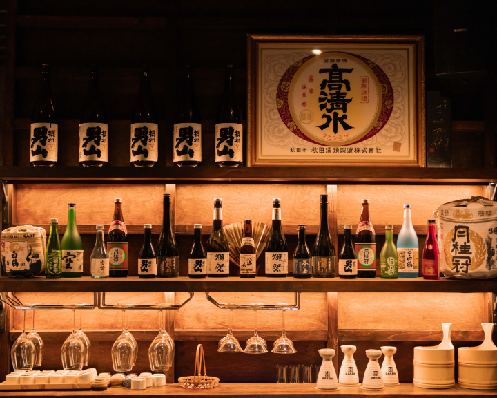 Japanese sake and spirits display at Rayjin bar in Bali