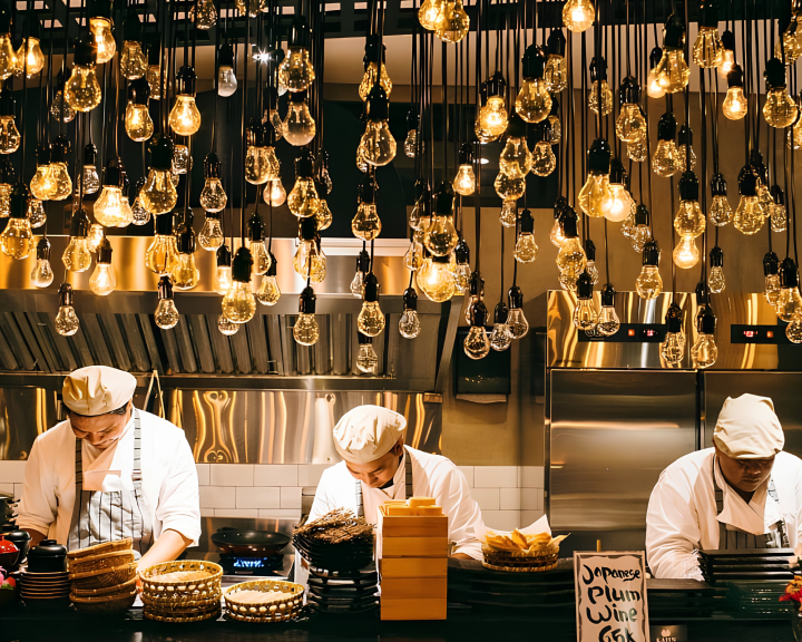 Rayjin kitchen chefs preparing Japanese cuisine in Bali restaurant